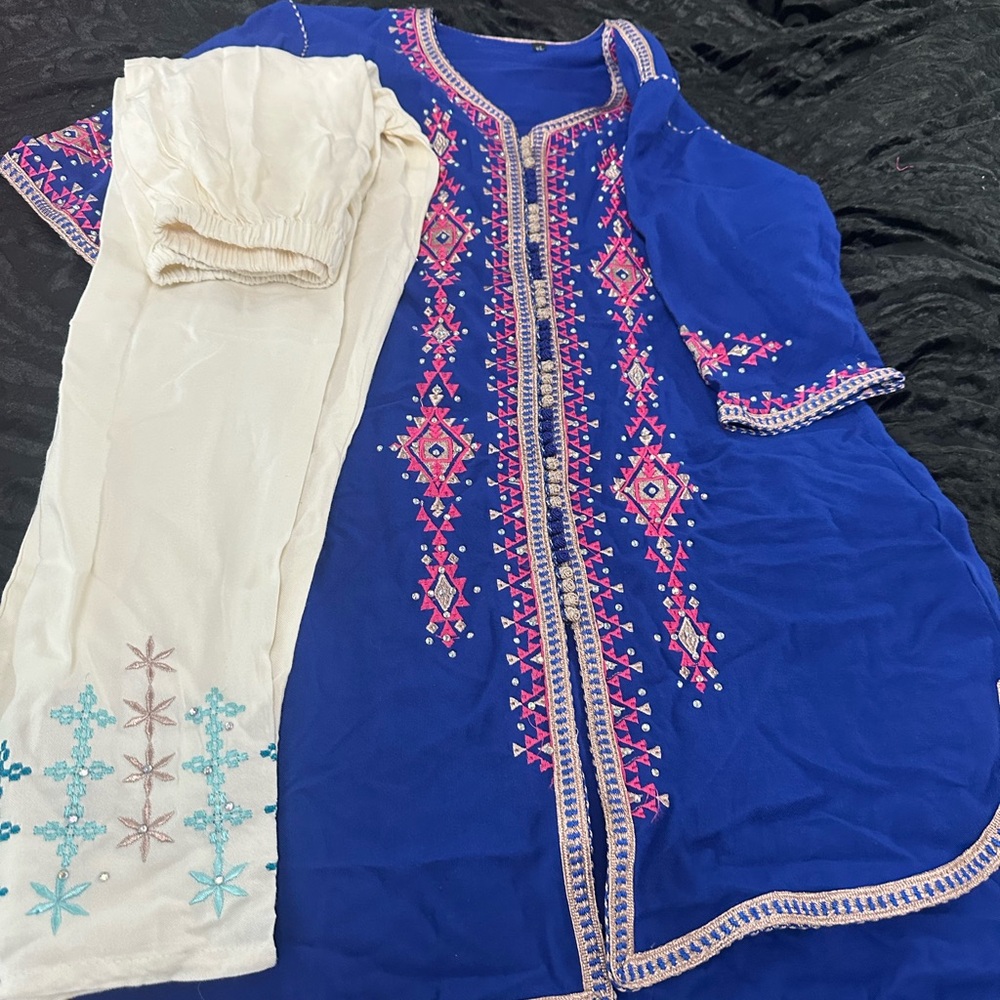 Embroidered Royal Blue Kurta Set with Cream Pants